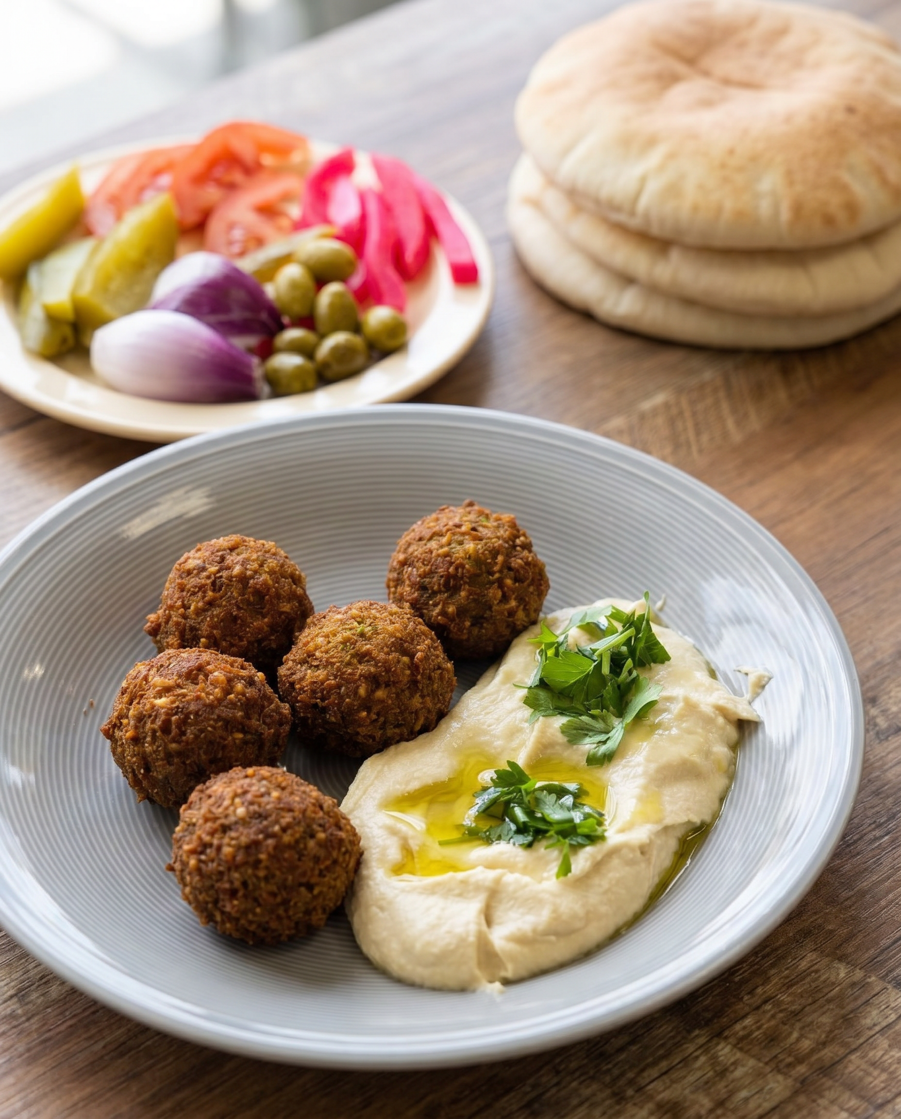 Falafel served in pita with fresh vegetables and tahini